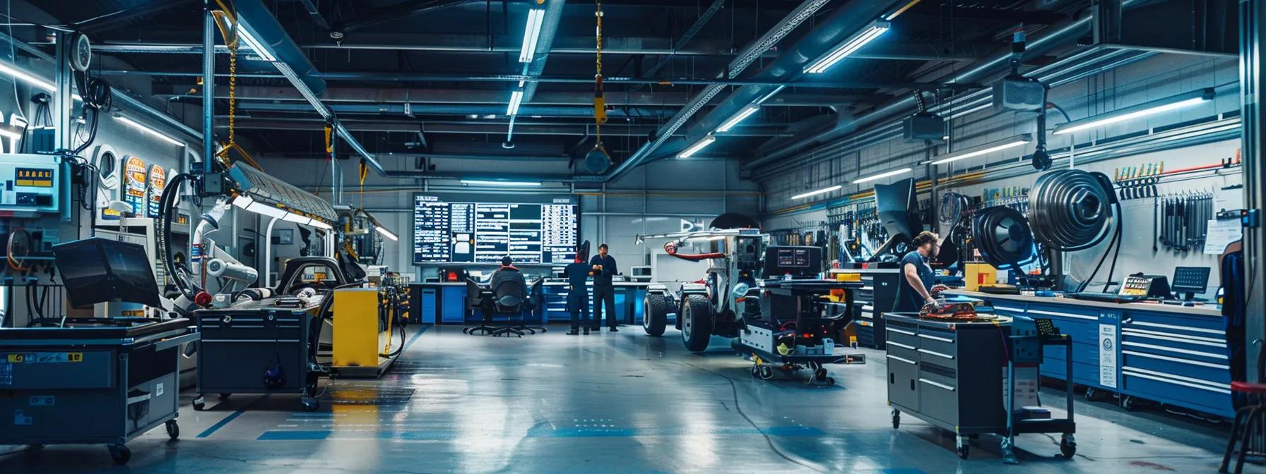 a bustling auto repair shop filled with technicians working on vehicles, featuring a large digital screen displaying local seo analytics and performance metrics, illuminated by bright overhead lights that enhance the industrious atmosphere.